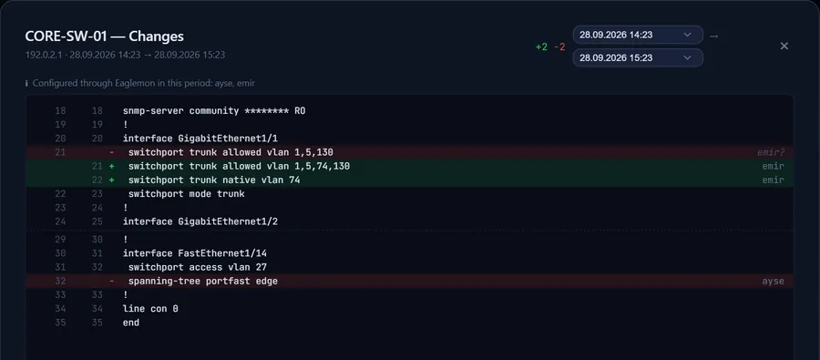 Config farkı: değişen satırlar ve her satırın yanında değişikliği Eaglemon üzerinden yapan kullanıcı