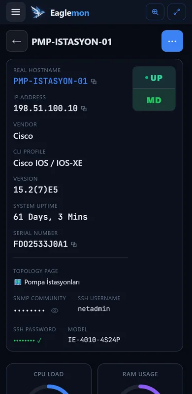 Android uygulamasında cihaz detayı: gerçek hostname, IP adresi, UP ve MD rozetleri