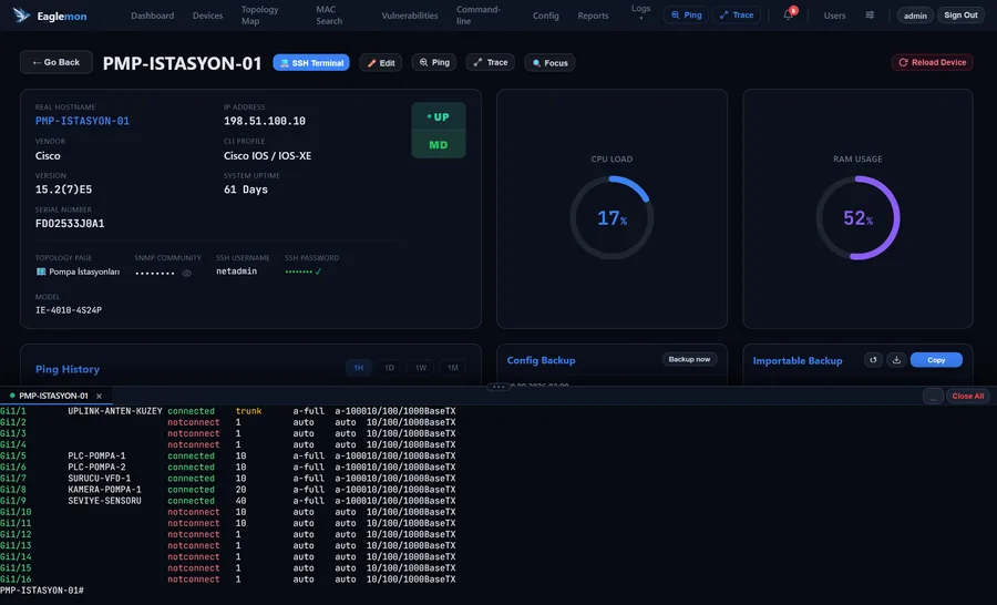 Cihaz sayfasının altında açılmış SSH terminali ve show interfaces status çıktısı